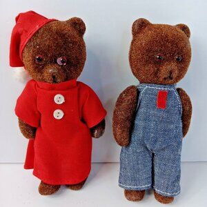 Set Of 2 Vintage Brown Bear Figurine Flocked Denim Outfit 5” Toy Arms Legs Move